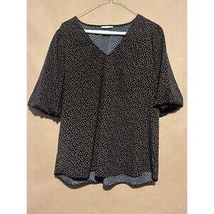 Pleione Scoop-neck XL Short Sleeve Blouse in Black spots pokadot